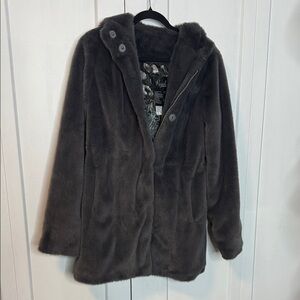 Regal Grey Faux Fur Coat - hooded - with pockets - animal print lining - XS-Med